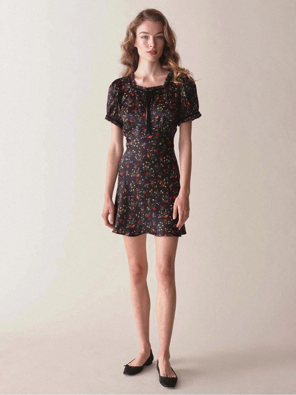 Black Floral Tie-Neck Mini Dress